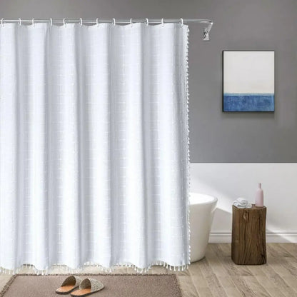 Liora Boho Farmhouse Shower Curtain - Linen Fabric with Tassels and Waterproof Coating