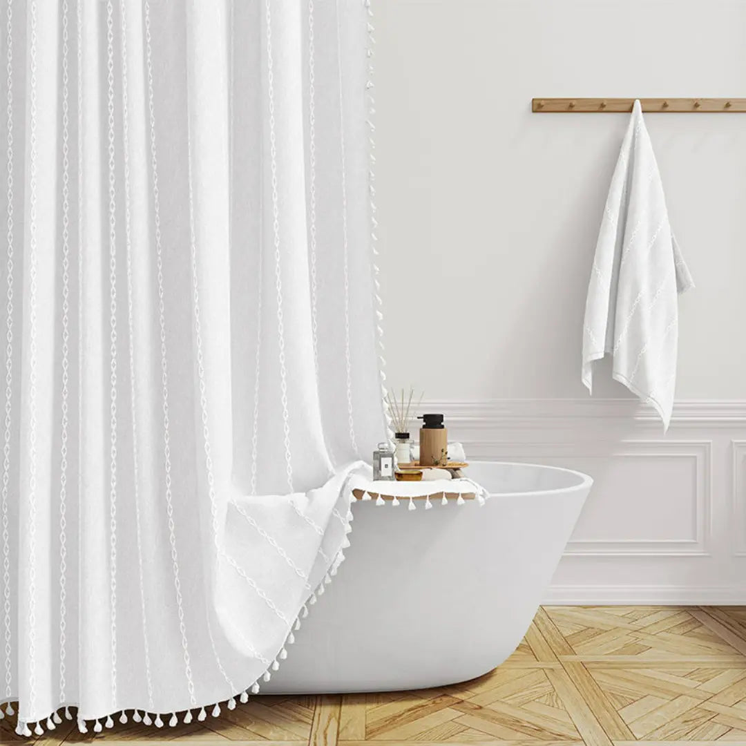 Liora Boho Farmhouse Shower Curtain - Linen Fabric with Tassels and Waterproof Coating