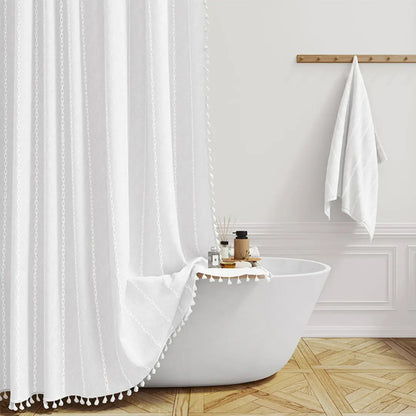 Liora Boho Farmhouse Shower Curtain - Linen Fabric with Tassels and Waterproof Coating