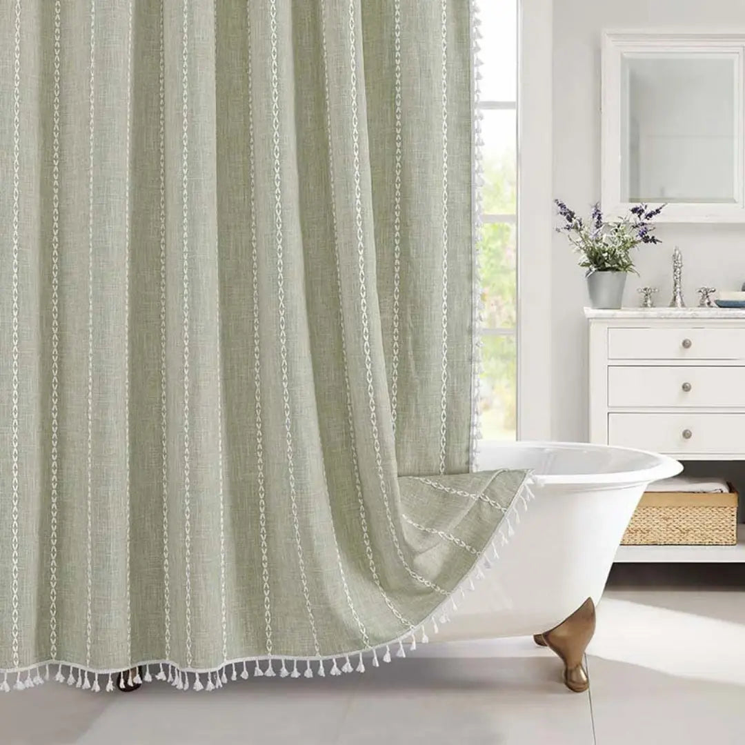 Liora Boho Farmhouse Shower Curtain - Linen Fabric with Tassels and Waterproof Coating
