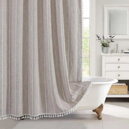 Liora Boho Farmhouse Shower Curtain - Linen Fabric with Tassels and Waterproof Coating