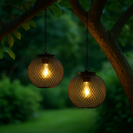 Outdoor Metal Mesh Lanterns - Solar Hanging Garden Lights with Warm LED Glow