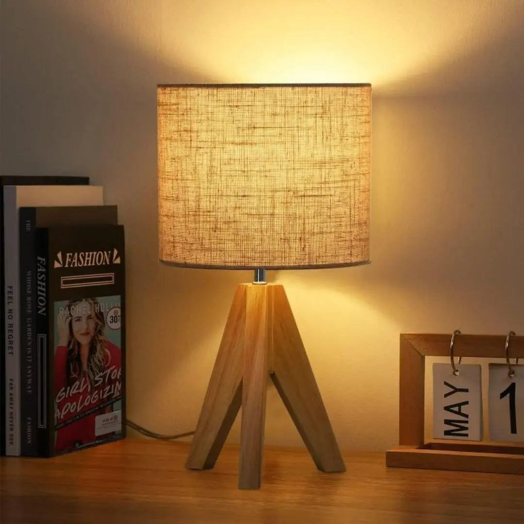 Linen Tripod Lamp - Wooden Base with Compact Warm Lighting