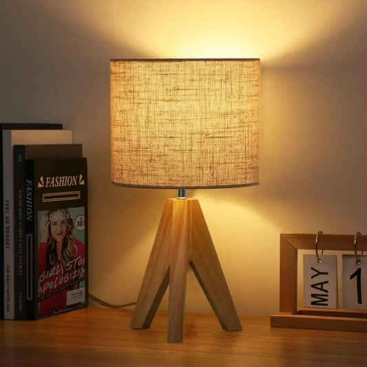 Linen Tripod Lamp - Wooden Base with Compact Warm Lighting