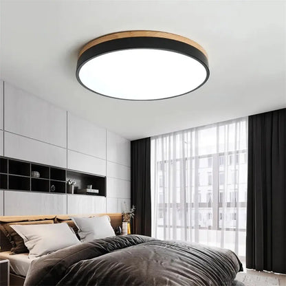 Flush Ceiling Lights - Modern Wooden Round Flat LED Light