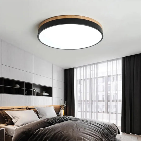 Flush Ceiling Lights - Modern Wooden Round Flat LED Light