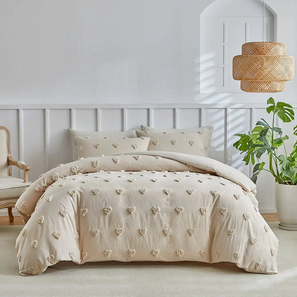 Merava 3-Piece Farmhouse Heart Comforter Cover Set - Chenille Tufted Duvet Cover with Pillowcases