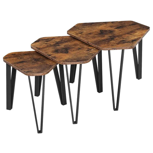Nesting Coffee Table Set of 3 - Industrial Rustic Brown & Black Side Tables