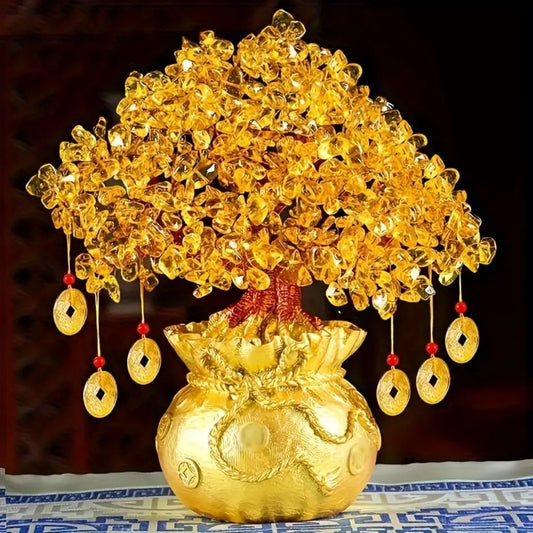 Resin Money Tree with Natural Crystal Leaves - Feng Shui Wealth and Prosperity Charm