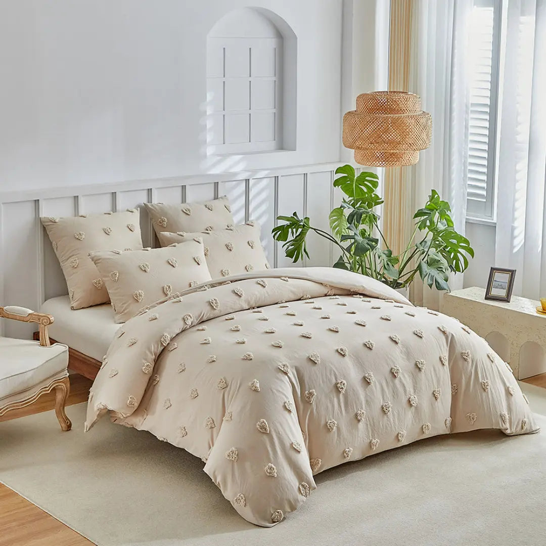 Merava 3-Piece Farmhouse Heart Comforter Cover Set - Chenille Tufted Duvet Cover with Pillowcases