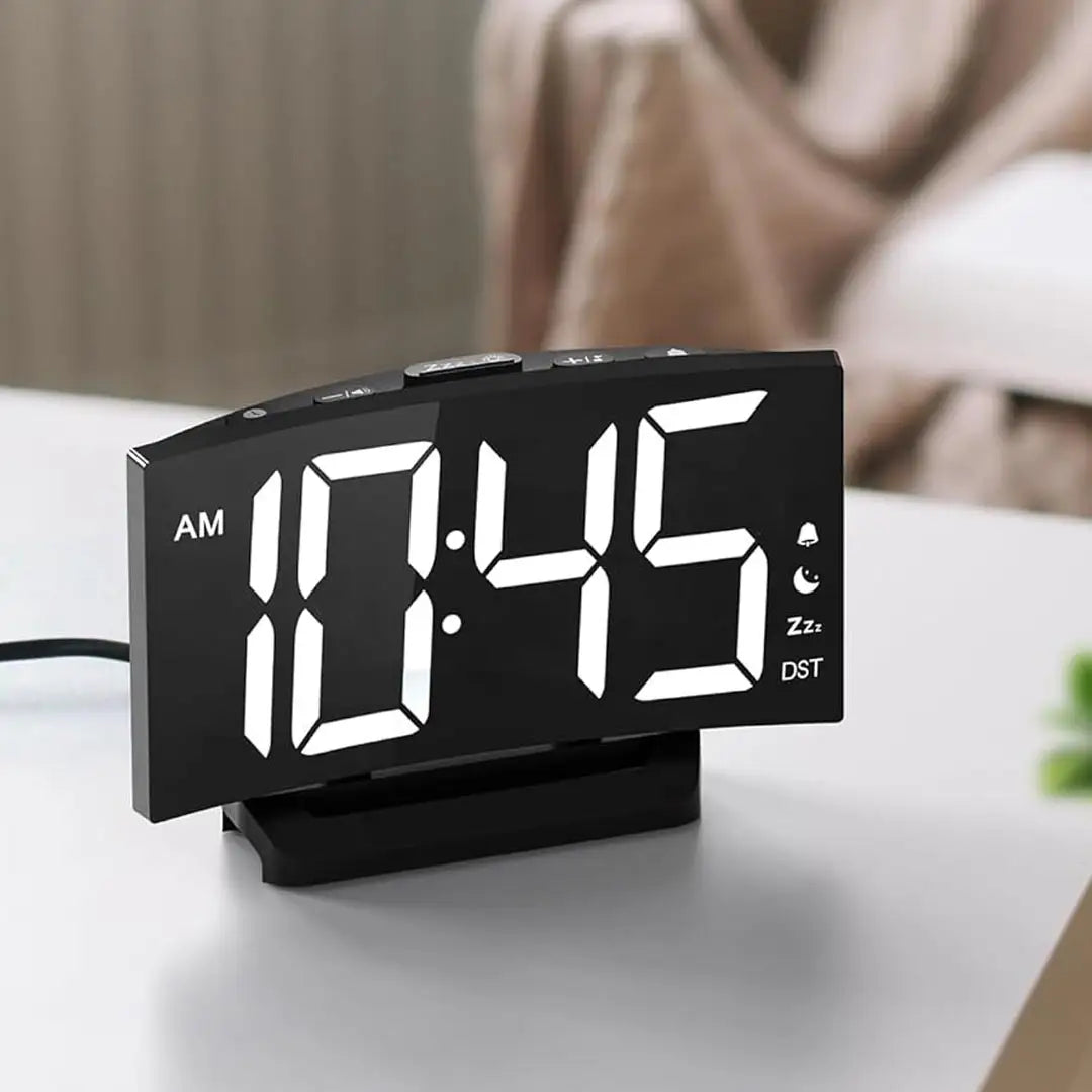 Digital Alarm Clock for Bedrooms - Curved Design with Blue LED Display