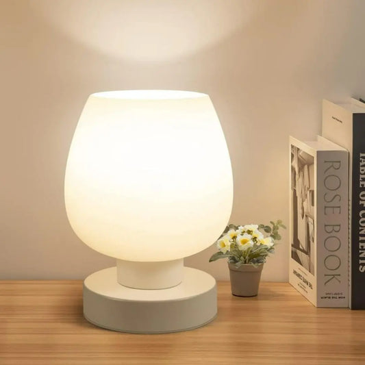 White Opal Glass Table Lamp - 3-Way Dimmable with Warm LED Bulb