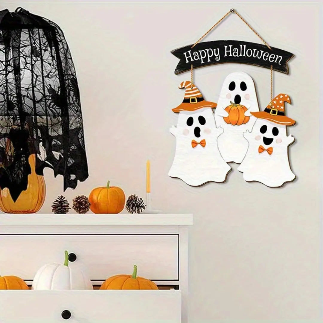 Halloween Wooden Hanging Sign - Ghosts & Pumpkin Design