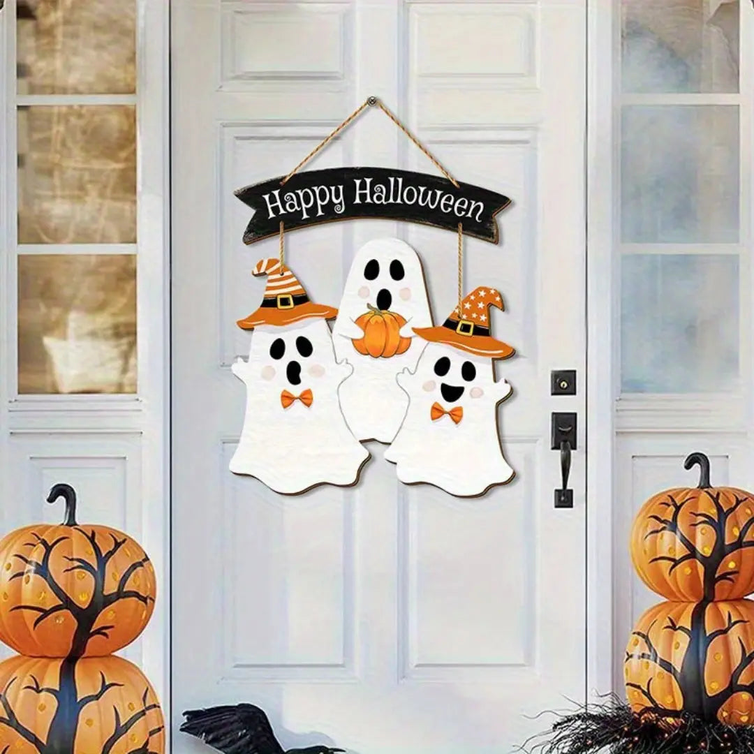 Halloween Wooden Hanging Sign - Ghosts & Pumpkin Design
