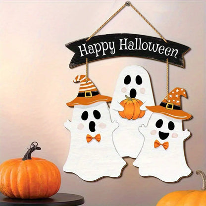 Halloween Wooden Hanging Sign - Ghosts & Pumpkin Design