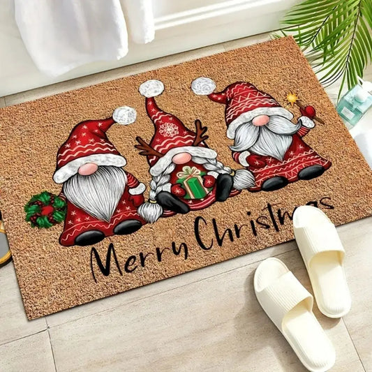 Christmas Gnome Welcome Doormat - Washable Non-Slip Entrance Mat with Rubber Backing