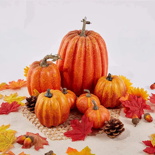 7 PCs Artificial Pumpkins and Maple Leaves Set