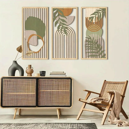 3 Piece Sage Green Abstract Wooden Wall Art