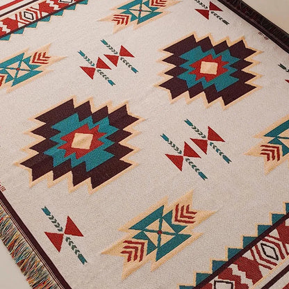 Modern Bohemian Blanket - Reversible Tribal Print Throw with Fringes