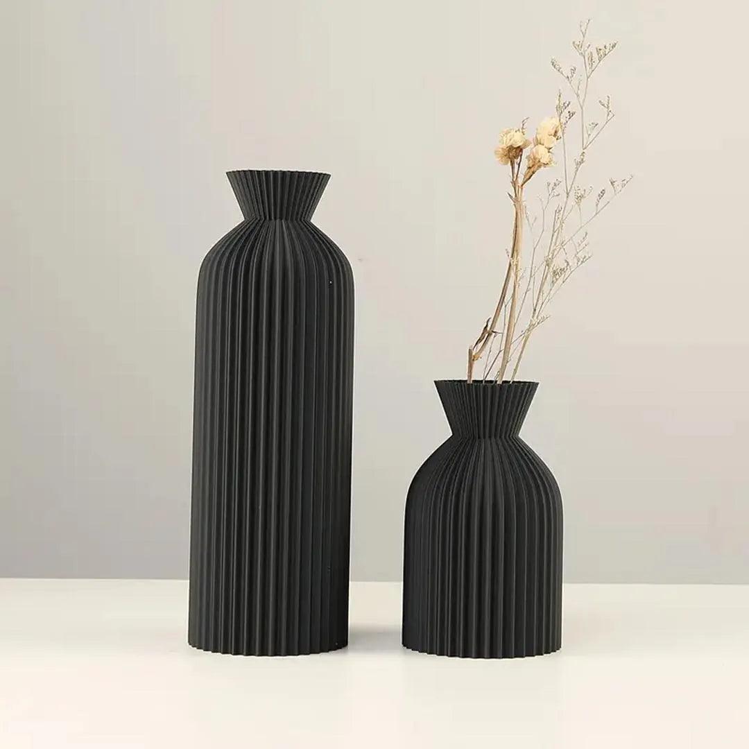 Set of 4 Modern Ribbed Plastic Vases - Black & Beige Decorative Vases