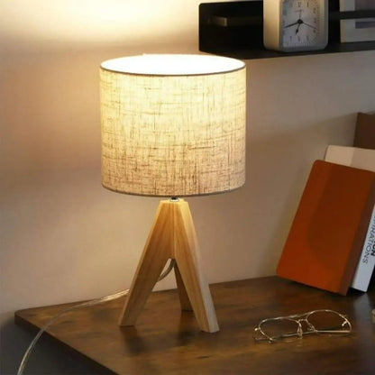 Linen Tripod Lamp - Wooden Base with Compact Warm Lighting