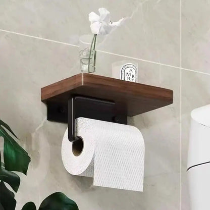 Wall Mounted Toilet Paper Holder with Natural Walnut Shelf