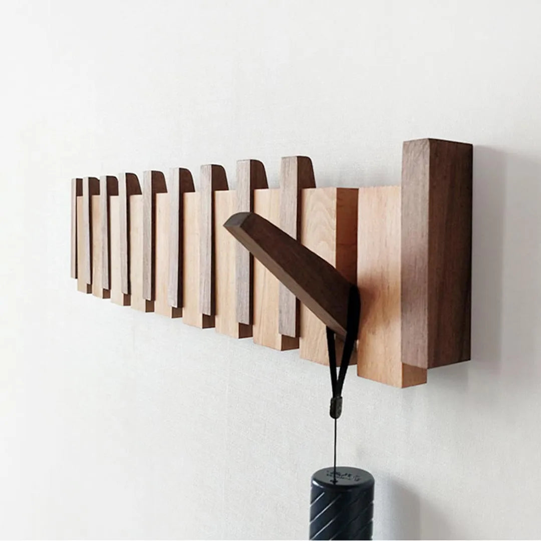 Wooden Wall Hook Rack - Piano Style with Flip Down Hooks