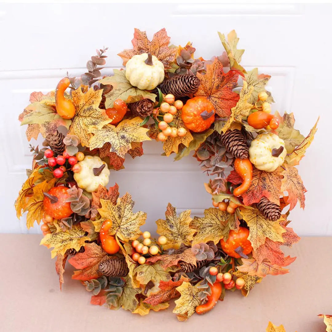 Fall Harvest Pumpkin Maple Leaf Wreath - Autumn Door Decoration