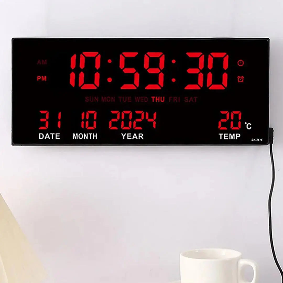 36cm Digital LED Large Wall Clock with 8 Alarms - Temperature and Calendar