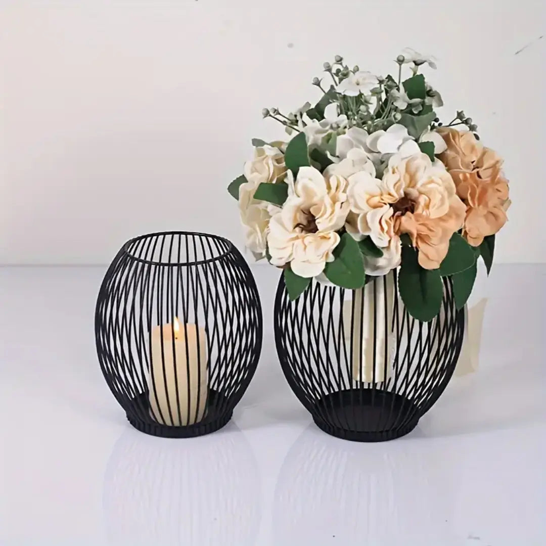 2 Pack European Style Wrought Iron Candle Holders - Modern Wire Design