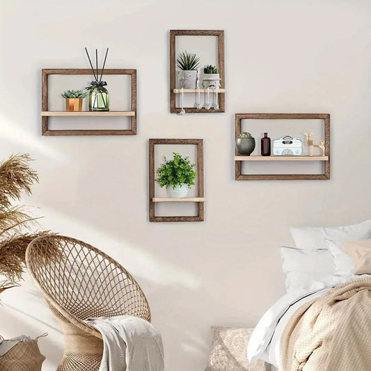 2 Pcs Square Wooden Floating Shelves - Wall Mounted Shelves for Wall Storage and Home Decor