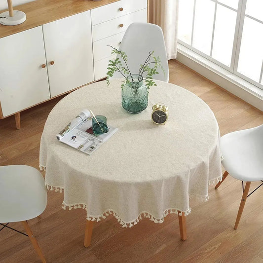 Round Tassel Tablecloth - Solid Color Cotton Linen Table Cover