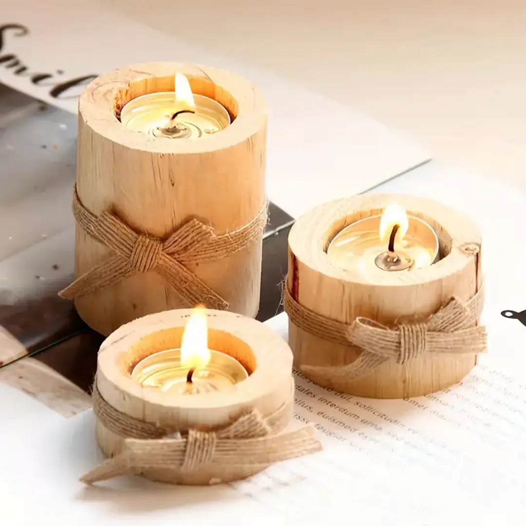 Handmade Wooden Candle Holder Set of 3 - Rustic Holiday Decor
