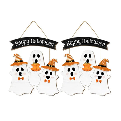 Halloween Wooden Hanging Sign - Ghosts & Pumpkin Design
