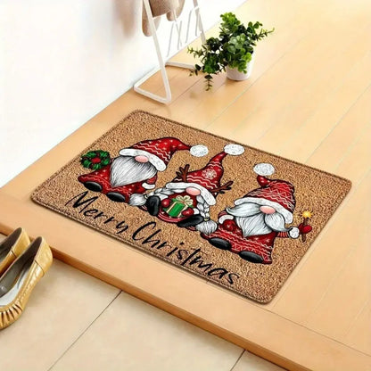 Christmas Gnome Welcome Doormat - Washable Non-Slip Entrance Mat with Rubber Backing