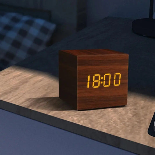 Cube Wooden LED Alarm Clock - Minimalist Digital Timepiece with Voice Control
