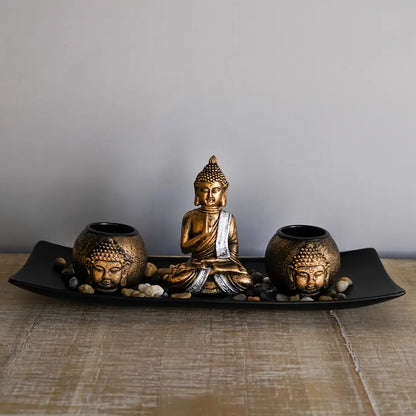 Zen Style Buddha Statue Candle Holder Tray - Polished Wooden Finish