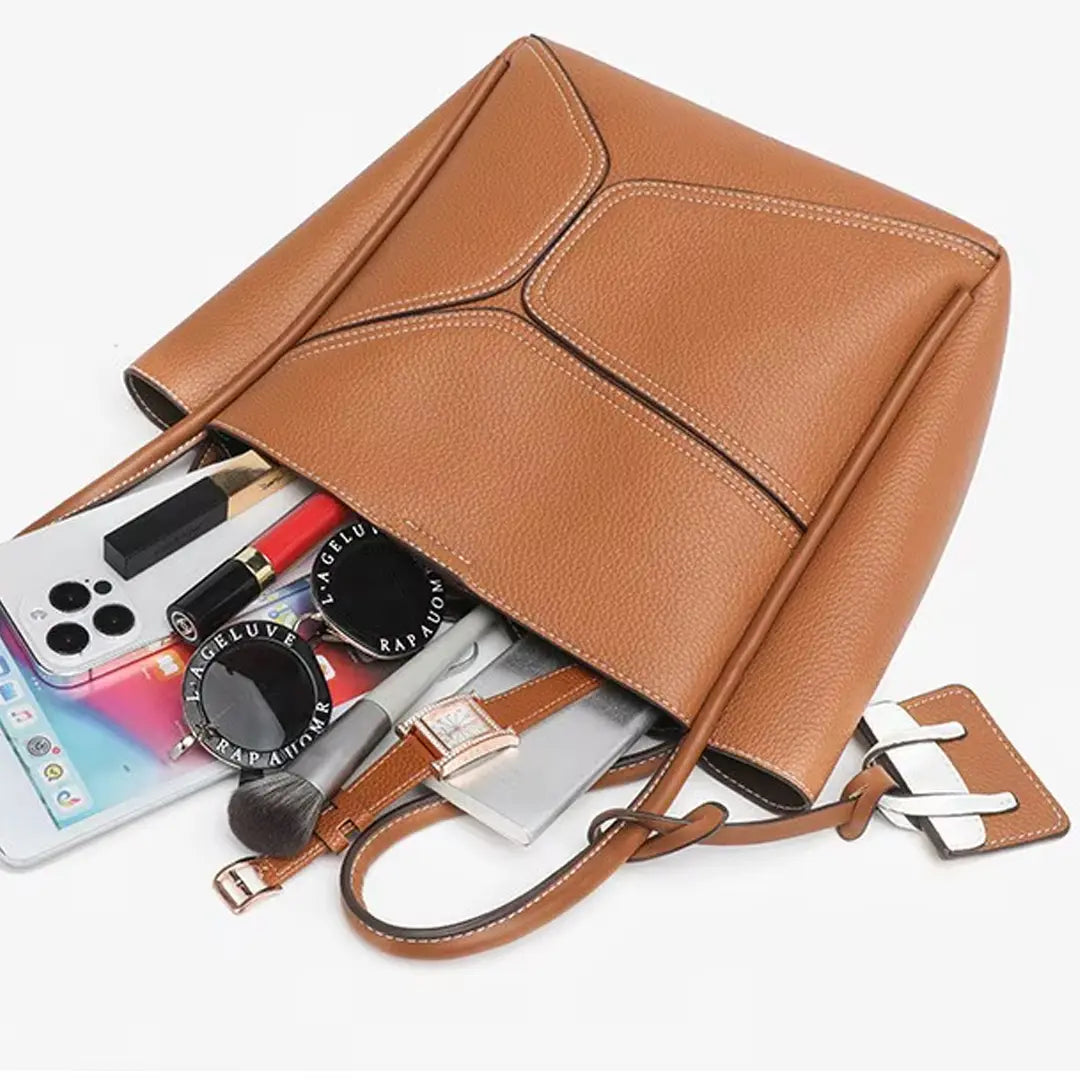 Novira – Cowhide Leather Tote Bag with Geometric Stitching & Magnetic Closure