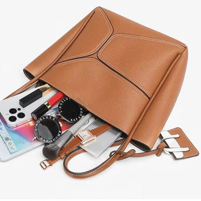 Novira – Cowhide Leather Tote Bag with Geometric Stitching & Magnetic Closure