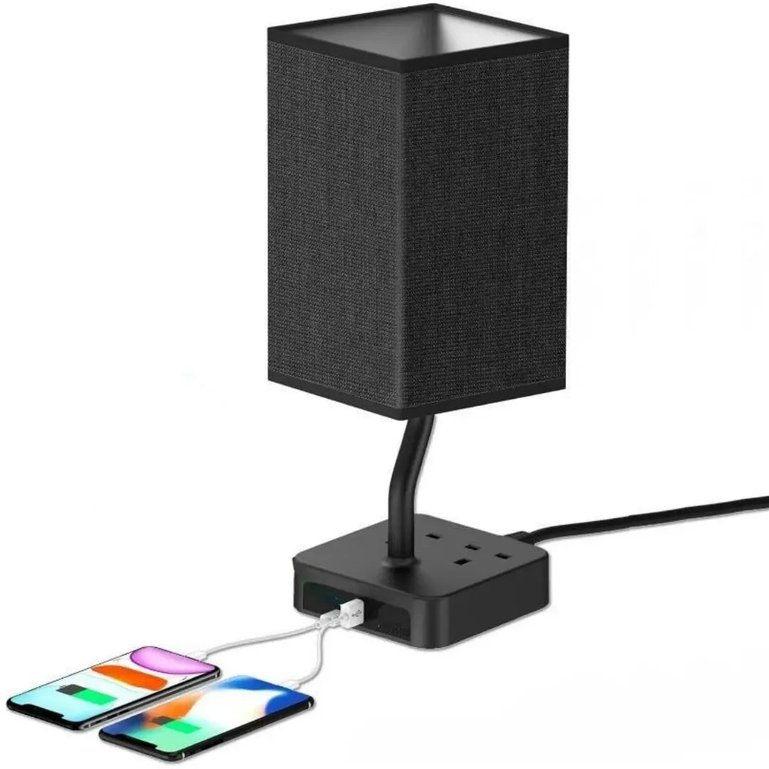 Black Fabric Bedside Lamp - Touch Control with USB A+C Ports and Power Outlets