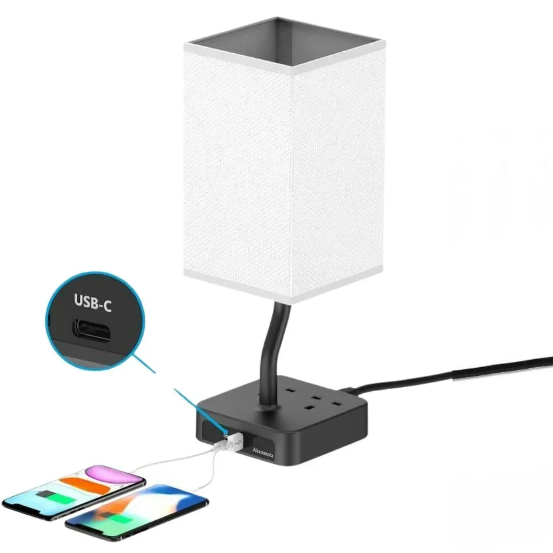 Black Fabric Bedside Lamp - Touch Control with USB A+C Ports and Power Outlets