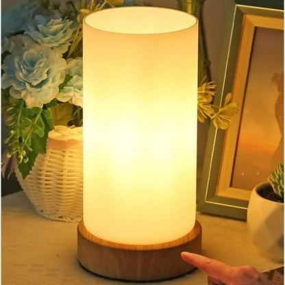 Warm Glass Bedside Lamp - 3-Way Dimmable with Wooden Base