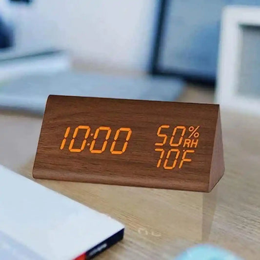 Wooden LED Digital Alarm Clock - USB Charger, Temperature, Humidity Display & Voice Control
