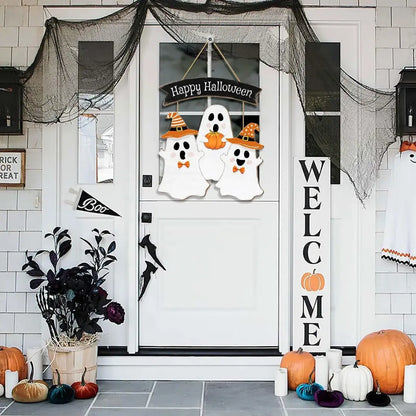 Halloween Wooden Hanging Sign - Ghosts & Pumpkin Design