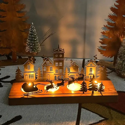 Christmas Tealight Candle Holder - Wooden Base and Metal House Design