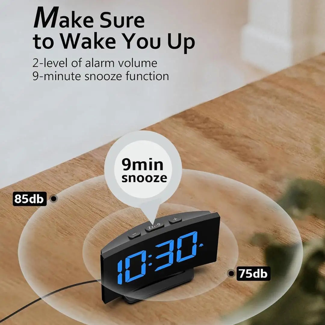 Digital Alarm Clock for Bedrooms - Curved Design with Blue LED Display