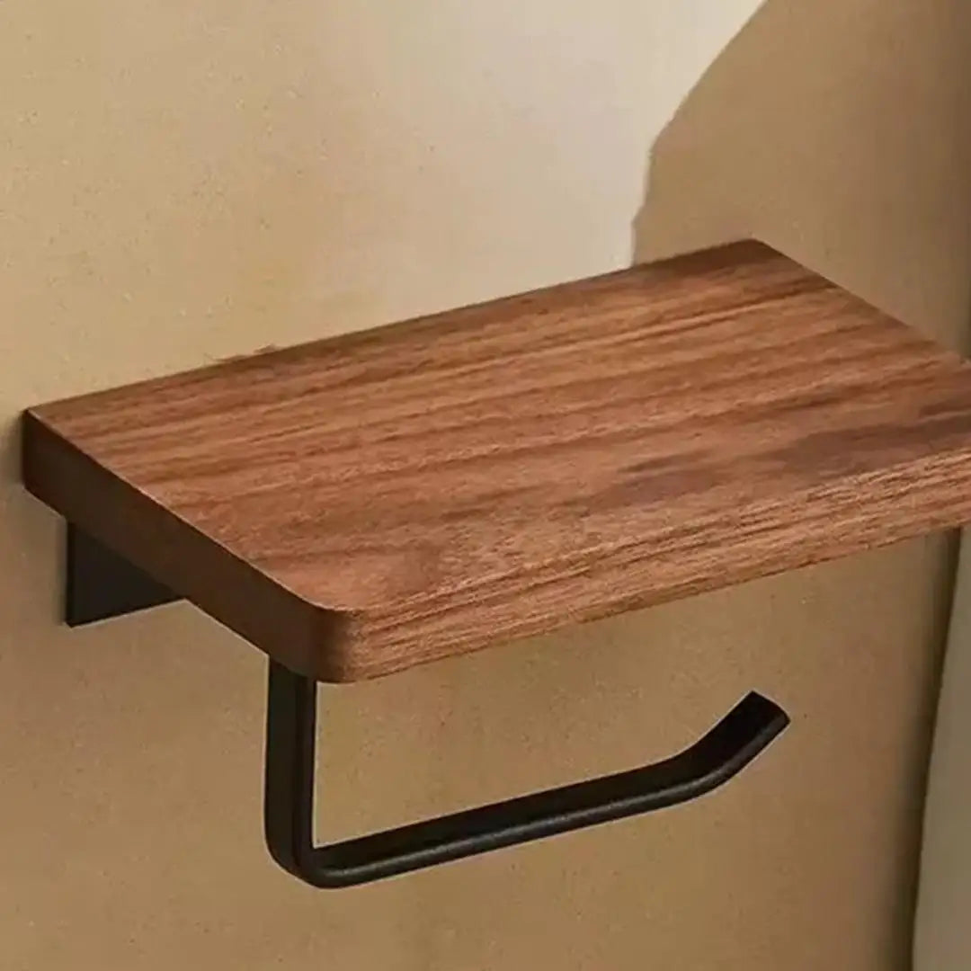 Wall Mounted Toilet Paper Holder with Natural Walnut Shelf