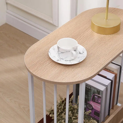 Oval End Table with Storage - Slim Wooden Side Table with Metal Frame