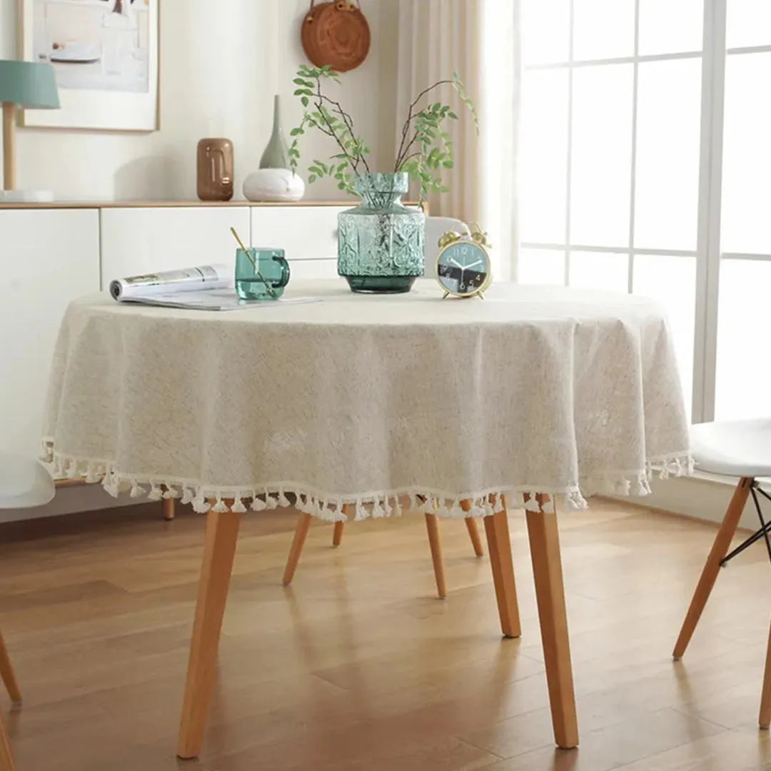 Round Tassel Tablecloth - Solid Color Cotton Linen Table Cover