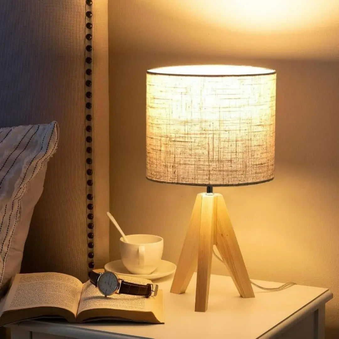 Linen Tripod Lamp - Wooden Base with Compact Warm Lighting